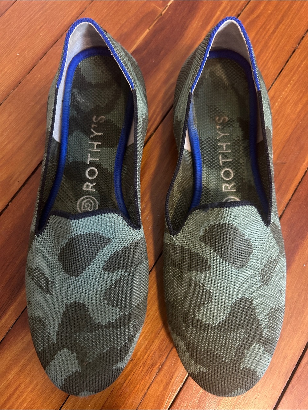 Rothy's Olive Green Camo Slip-On Flats with Blue Orange Black trim size 7